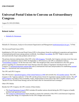 Universal Postal Union to Convene an Extraordinary Congress
