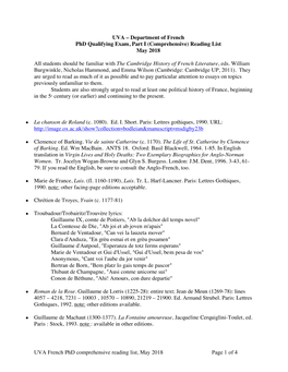 UVA French Phd Comprehensive Reading List, May 2018 Page 1 of 4 ● Alain Chartier (1385-C