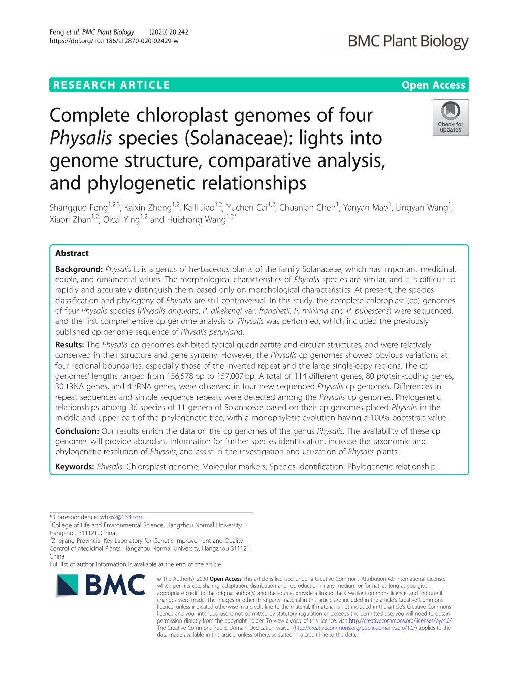 Complete Chloroplast Genomes of Four Physalis Species (Solanaceae)