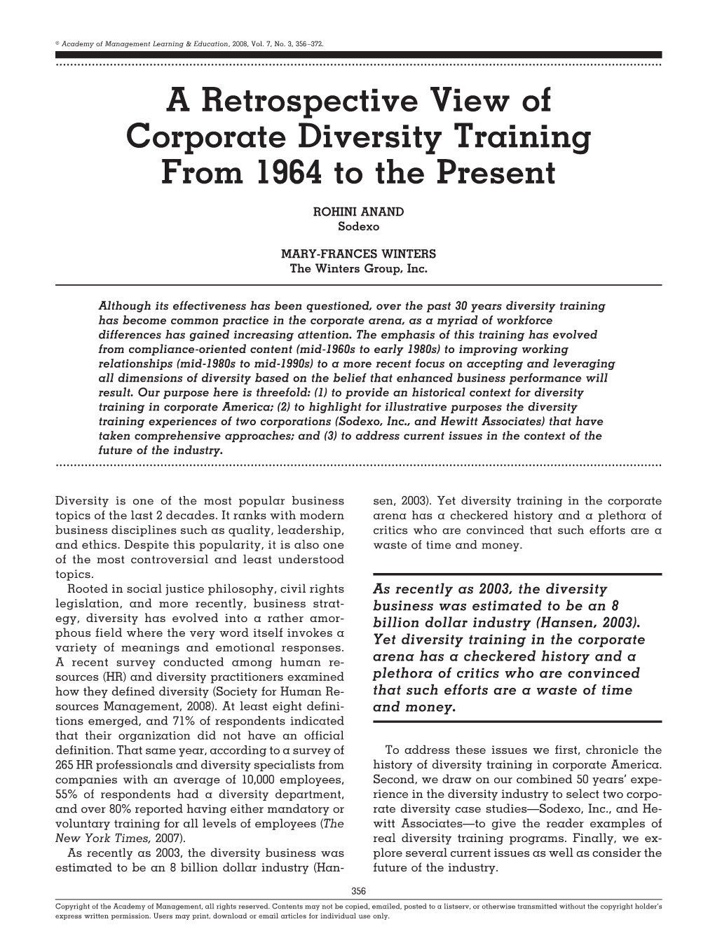 A Retrospective View of Corporate Diversity Training from 1964 to the Present