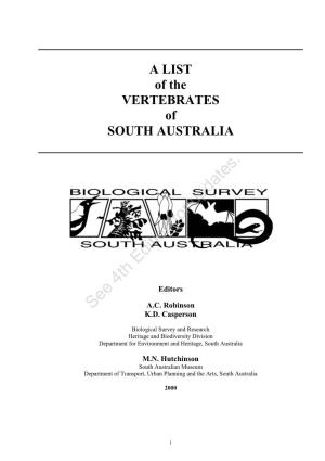 A LIST of the VERTEBRATES of SOUTH AUSTRALIA