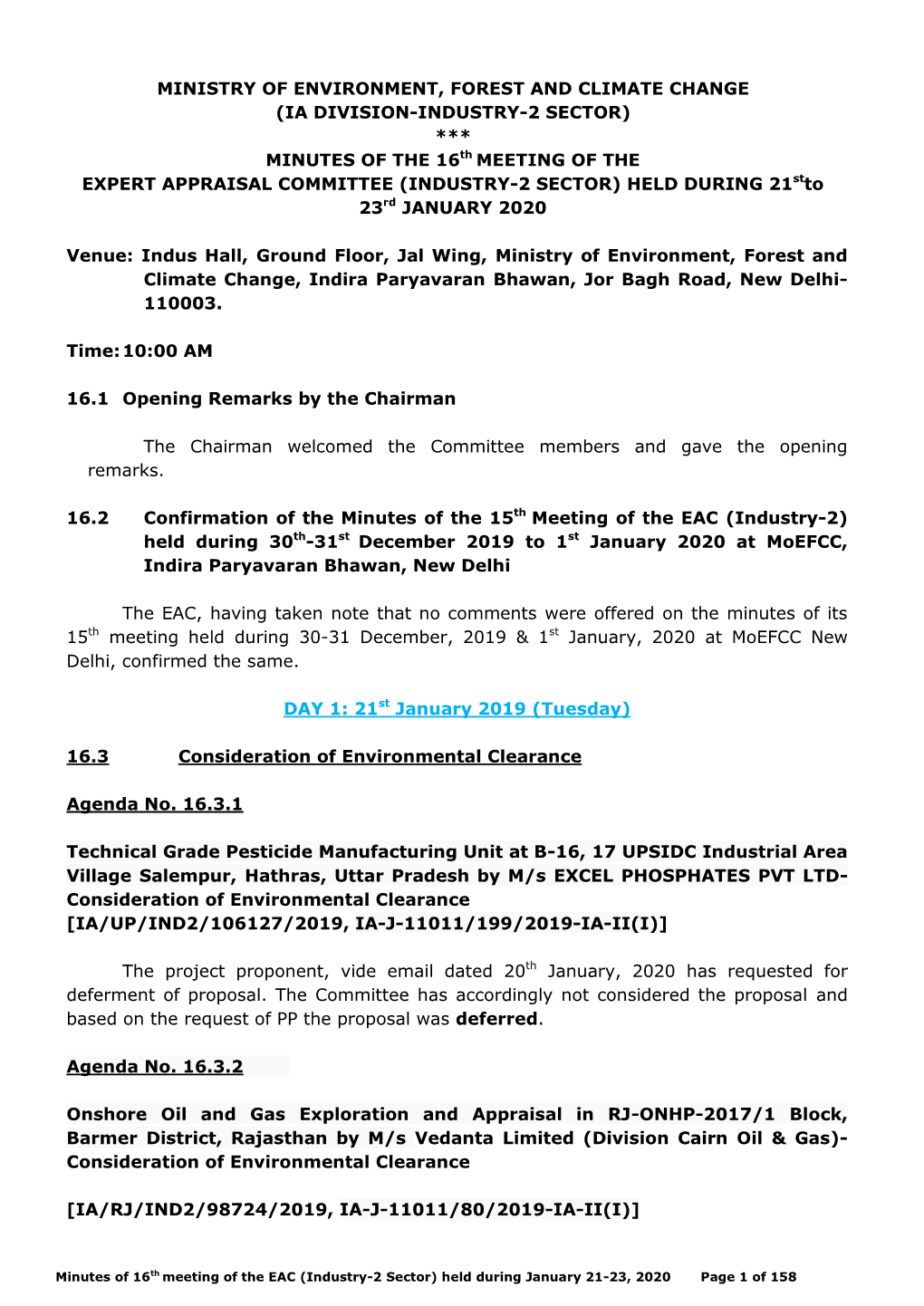 (IA DIVISION-INDUSTRY-2 SECTOR) *** MINUTES of the 16Th MEETING of the EXPERT APPRAISAL COMMITTEE (INDUSTRY-2 SECTOR) HELD DURING 21Stto 23Rd JANUARY 2020