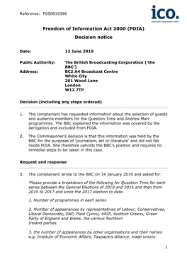 Freedom of Information Act 2000 (FOIA) Decision Notice