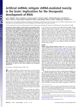 Artificial Mirnas Mitigate Shrna-Mediated Toxicity in the Brain: Implications for the Therapeutic Development of Rnai