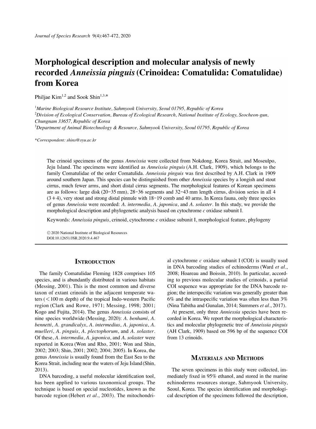 Morphological Description and Molecular Analysis of Newly Recorded Anneissia Pinguis(Crinoidea: Comatulida: Comatulidae) from Ko