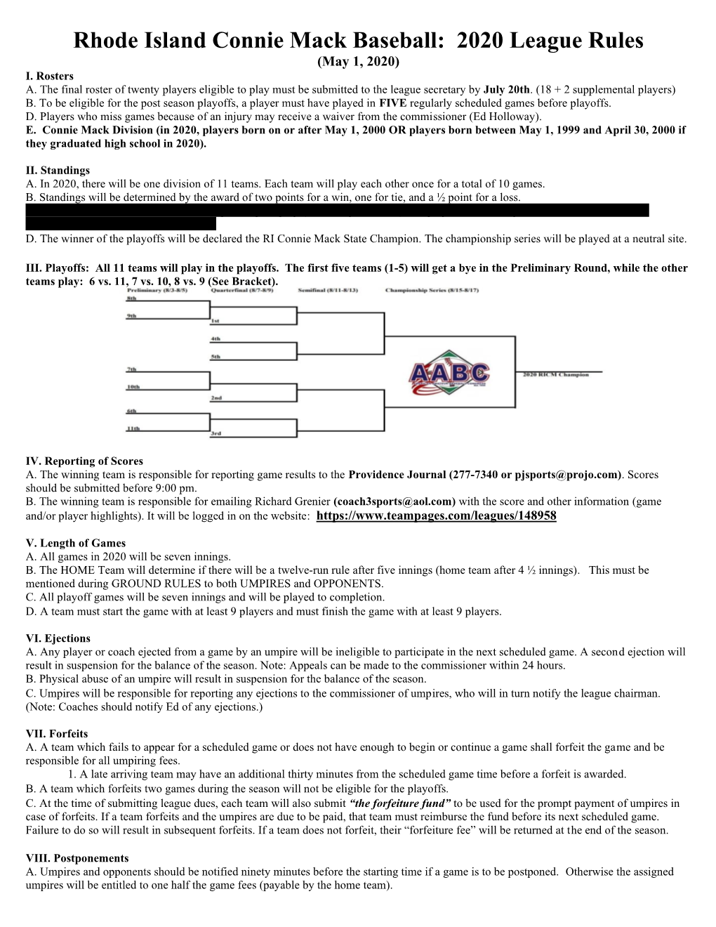 Rhode Island Connie Mack Baseball: 2020 League Rules (May 1, 2020) I