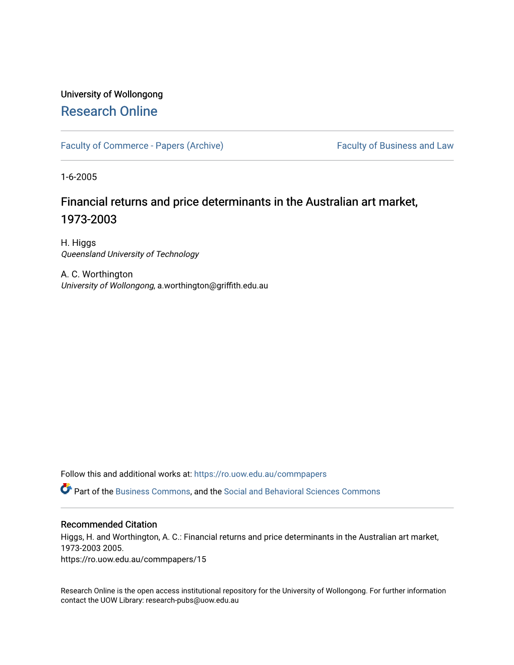 Financial Returns and Price Determinants in the Australian Art Market, 1973-2003