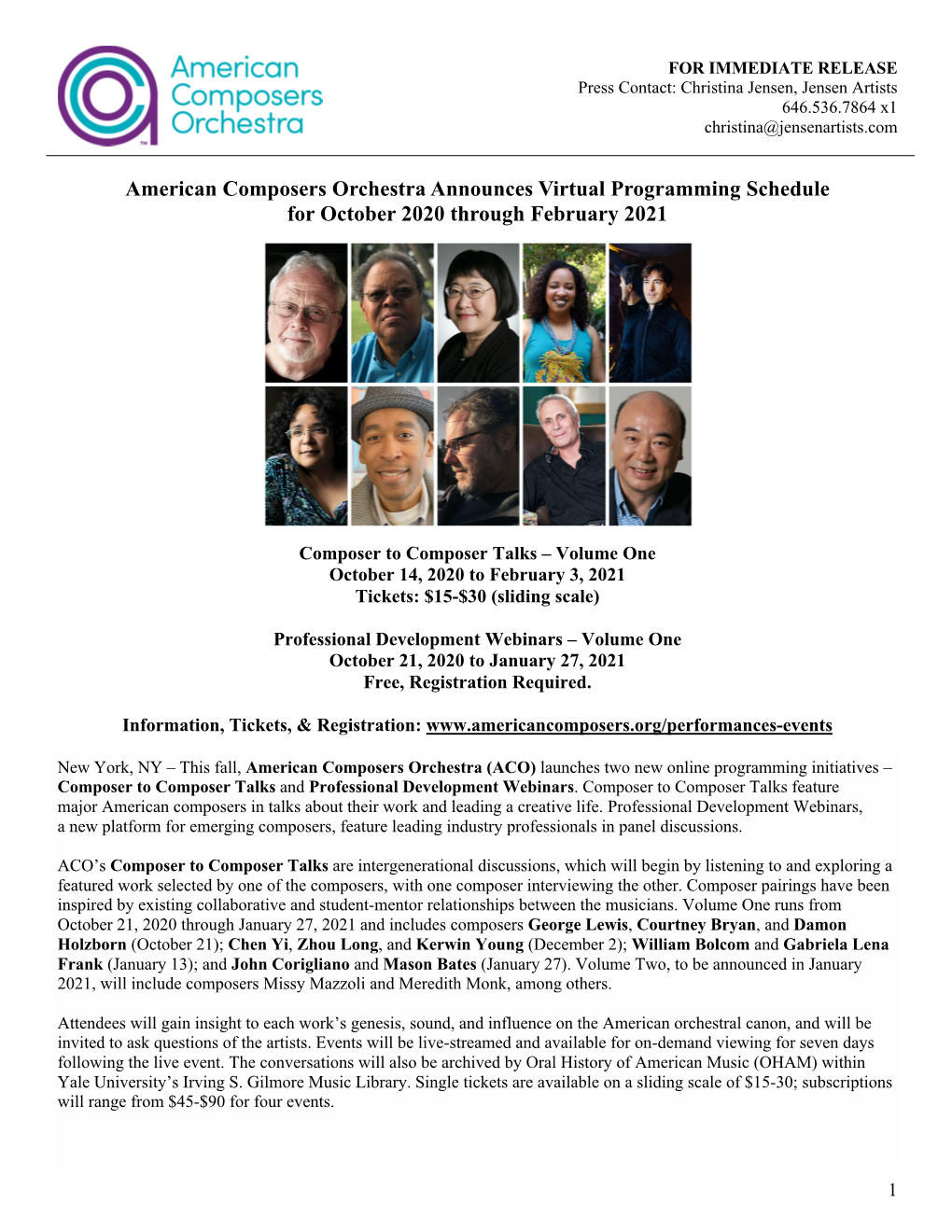 American Composers Orchestra Announces Virtual Programming Schedule for October 2020 Through February 2021