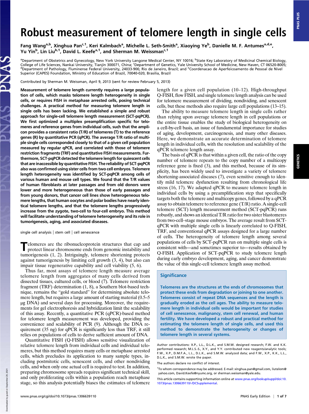 Robust Measurement of Telomere Length in Single Cells PNAS PLUS