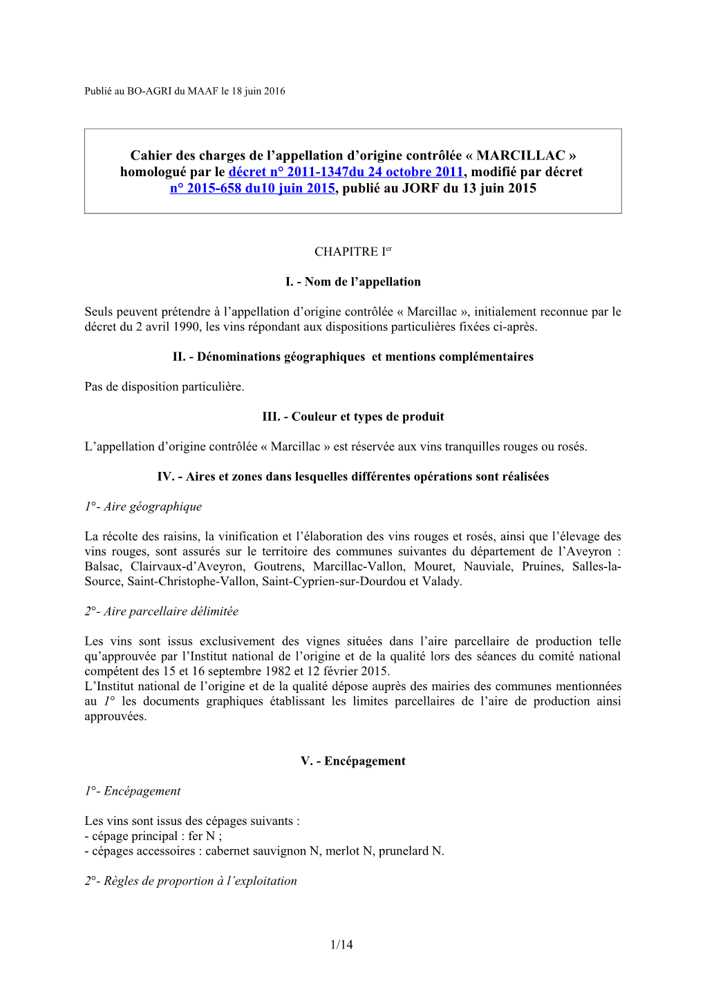 Cahier Des Charges De L'appellation D'origine Contrôlée Marcillac