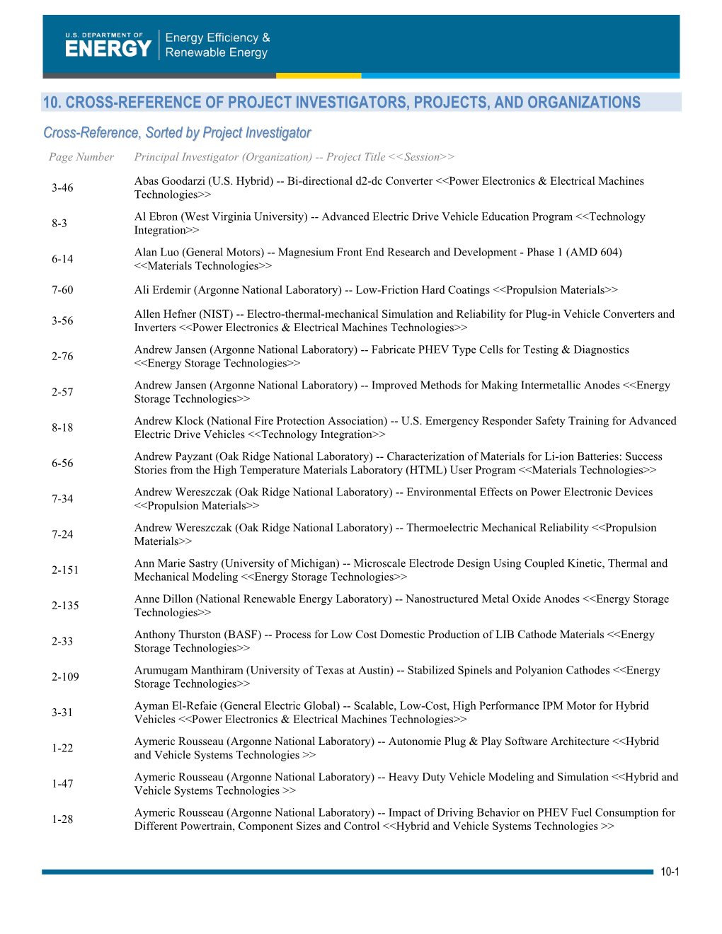 2010 Annual Merit Review Results Cross Reference of Pis And