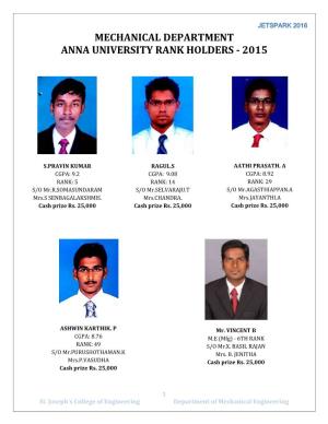 Mechanical Department Anna University Rank Holders - 2015