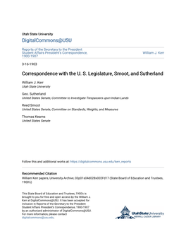 Correspondence with the U. S. Legislature, Smoot, and Sutherland