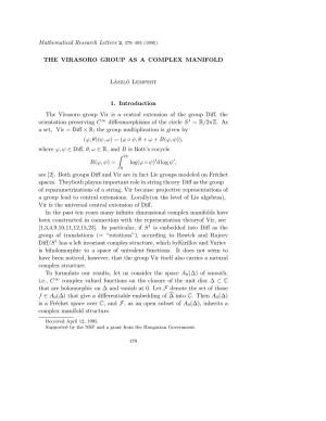 (1995) the VIRASORO GROUP AS a COMPLEX MANIFOLD László Lempert 1. Introduction