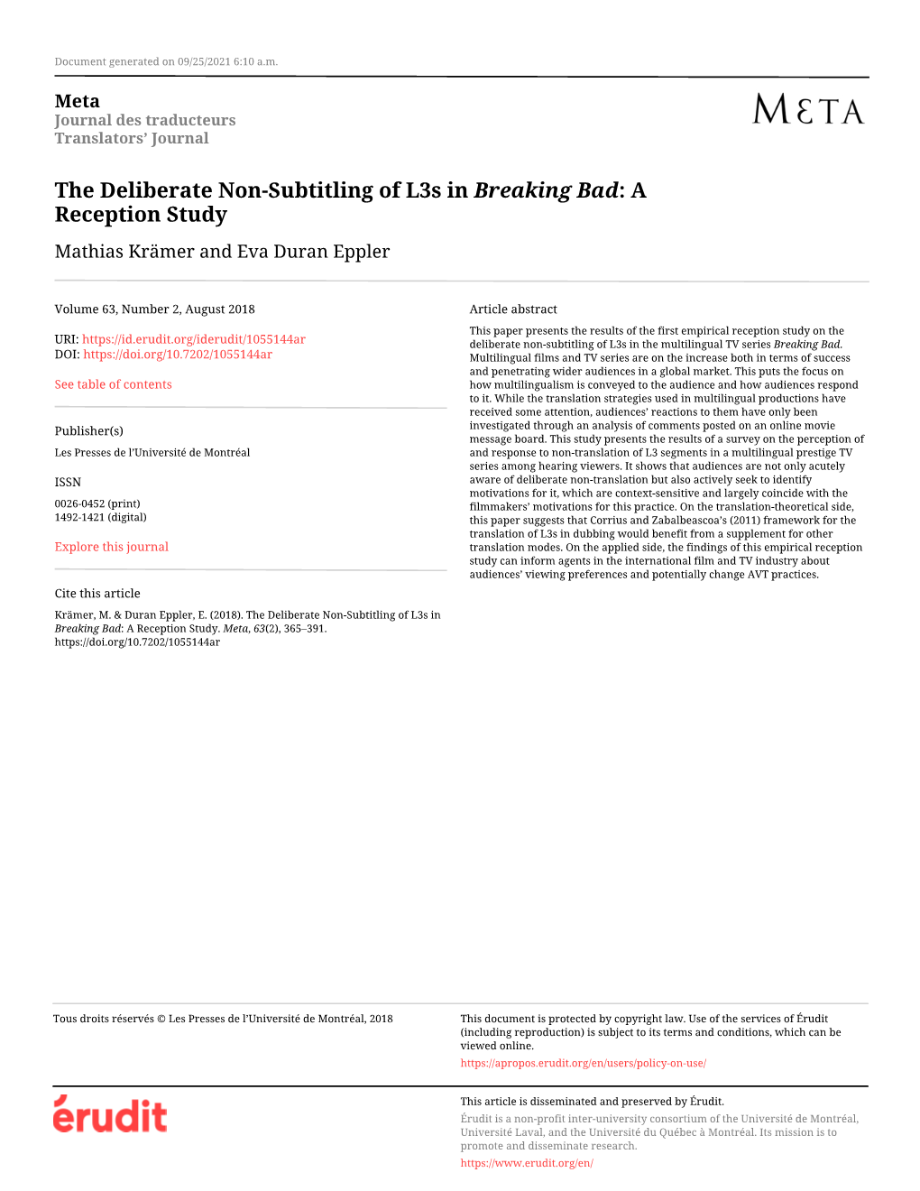 The Deliberate Non-Subtitling of L3s in Breaking Bad: a Reception Study Mathias Krämer and Eva Duran Eppler