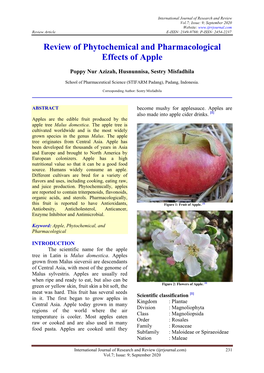 Review of Phytochemical and Pharmacological Effects of Apple