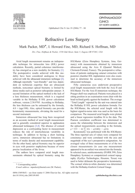 Refractive Lens Surgery Mark Packer, MDT, I