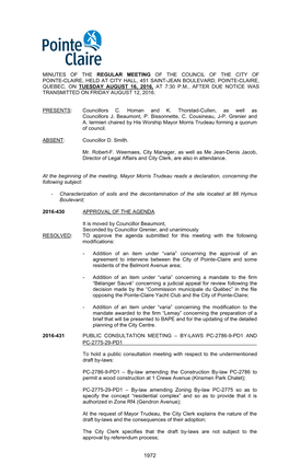 Minutes of the Regular Meeting of the Council of the City of Pointe-Claire, Held at City Hall, 451 Saint-Jean Boulevard
