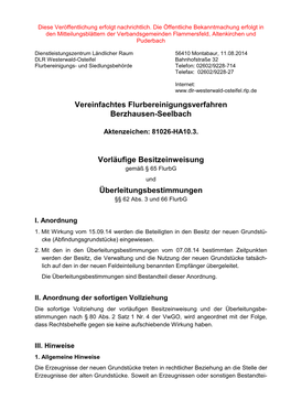 Vereinfachtes Flurbereinigungsverfahren Berzhausen-Seelbach