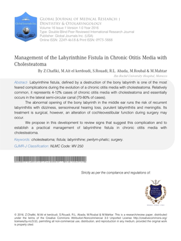 Management of the Labyrinthine Fistula in Chronic Otitis Media with Cholesteatoma by Z.Chafiki, M.Ait El Kerdoudi, S.Rouadi, R.L