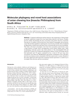 Molecular Phylogeny and Novel Host Associations of Avian Chewing Lice (Insecta: Phthiraptera) from South Africa