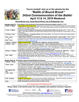 “Battle of Bound Brook” 242Nd Commemoration of the Battle! April 13 & 14, 2019 Weekend