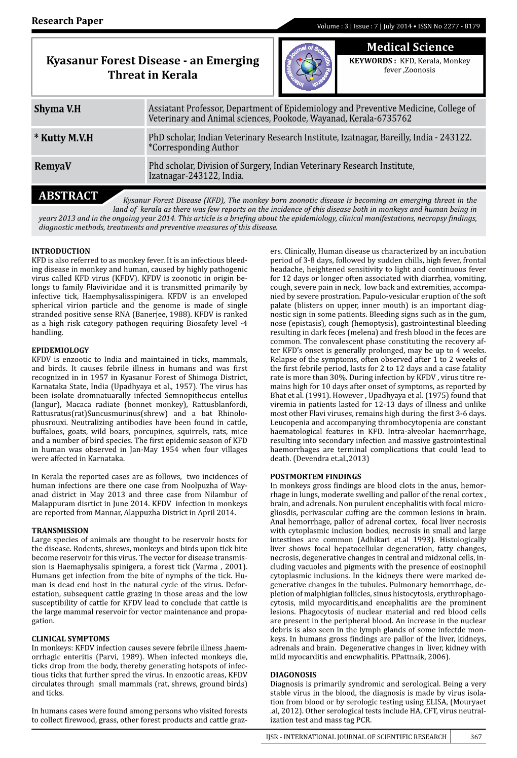 Medical Science ABSTRACT Kyasanur Forest Disease