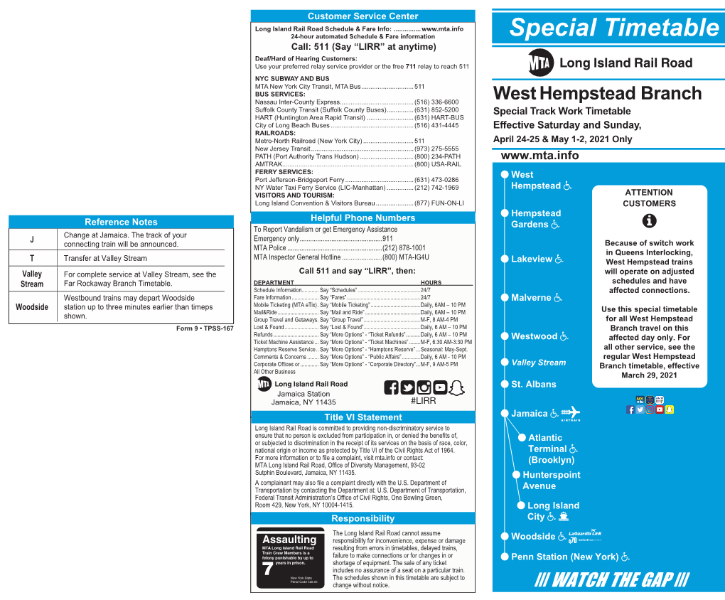 Special Timetable West Hempstead Branch