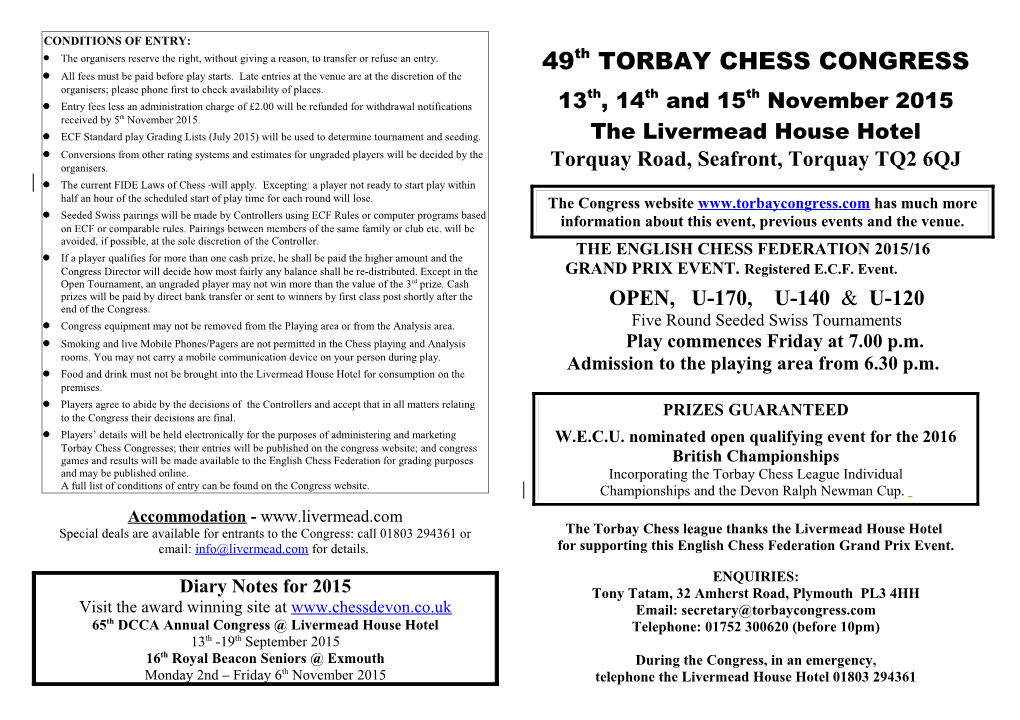 33Rd TORBAY CHESS CONGRESS