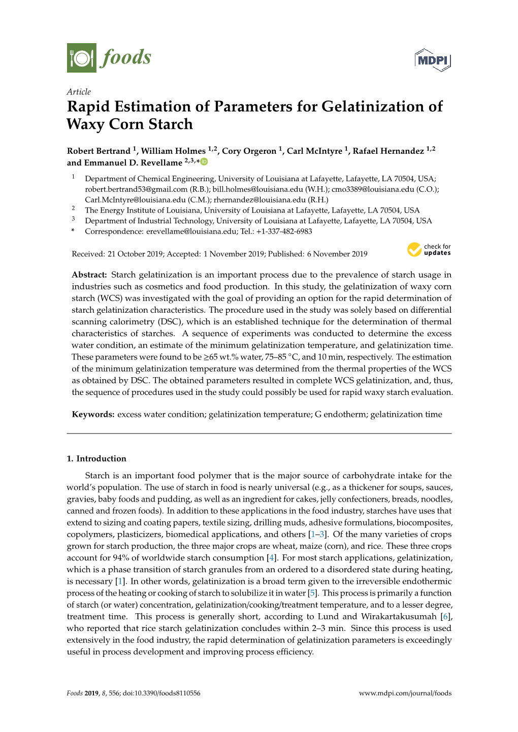 Rapid Estimation of Parameters for Gelatinization of Waxy Corn Starch