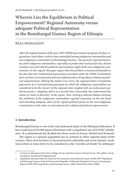 Wherein Lies the Equilibrium in Political Empowerment? Regional Autonomy Versus Adequate Political Representation in the Benishangul Gumuz Region of Ethiopia