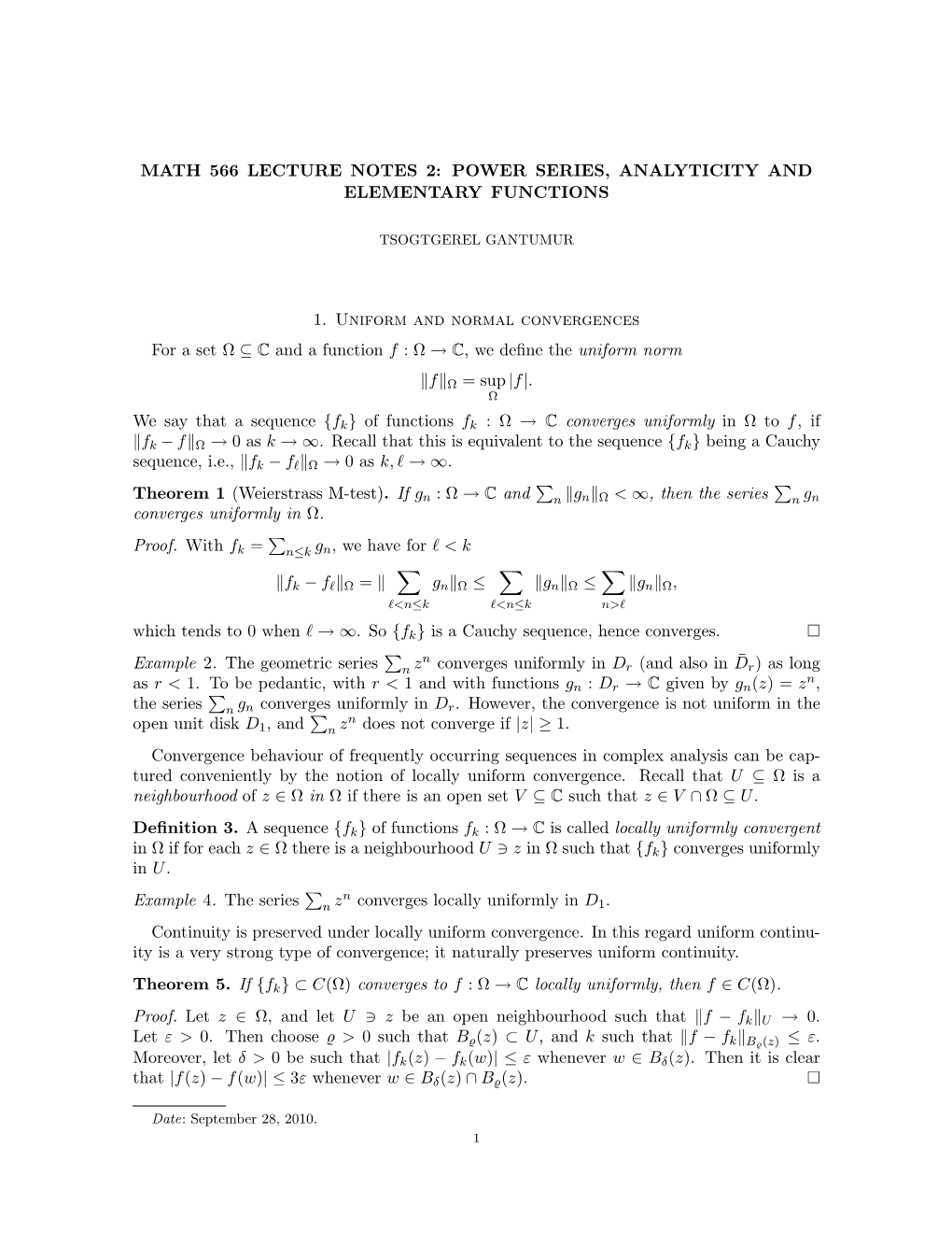 Power Series, Analyticity and Elementary Functions