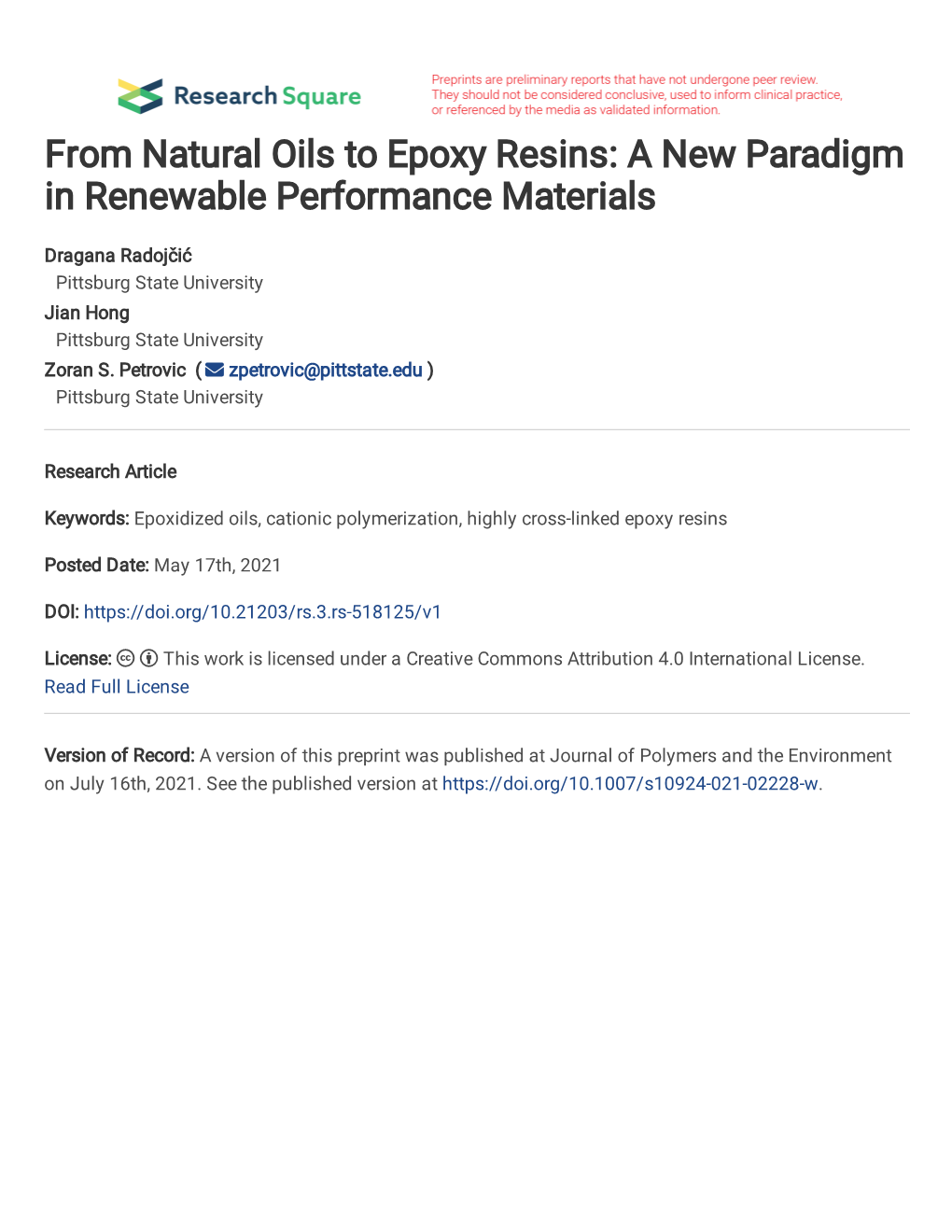 From Natural Oils to Epoxy Resins: a New Paradigm in Renewable Performance Materials