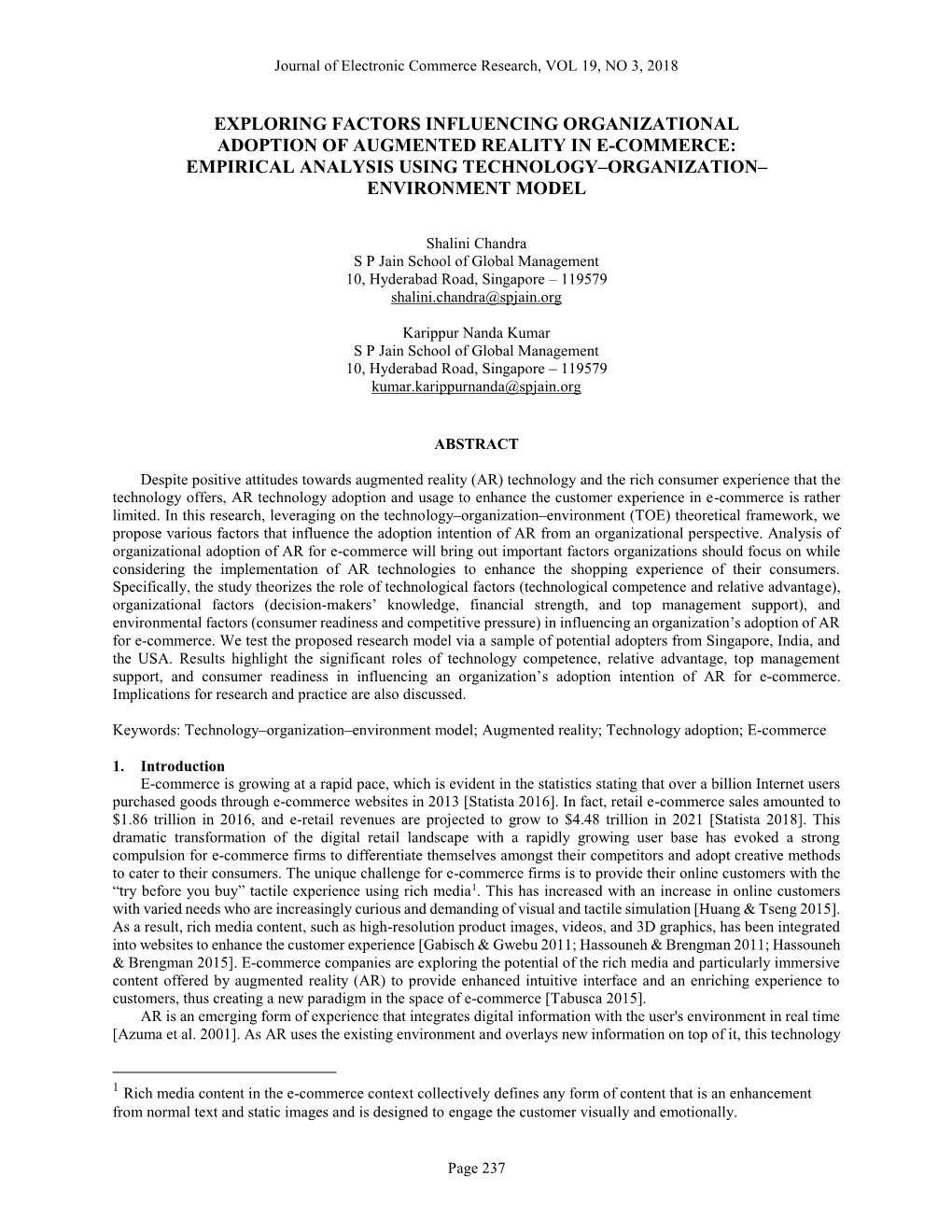 Exploring Factors Influencing Organizational Adoption of Augmented Reality in E-Commerce: Empirical Analysis Using Technology–Organization– Environment Model