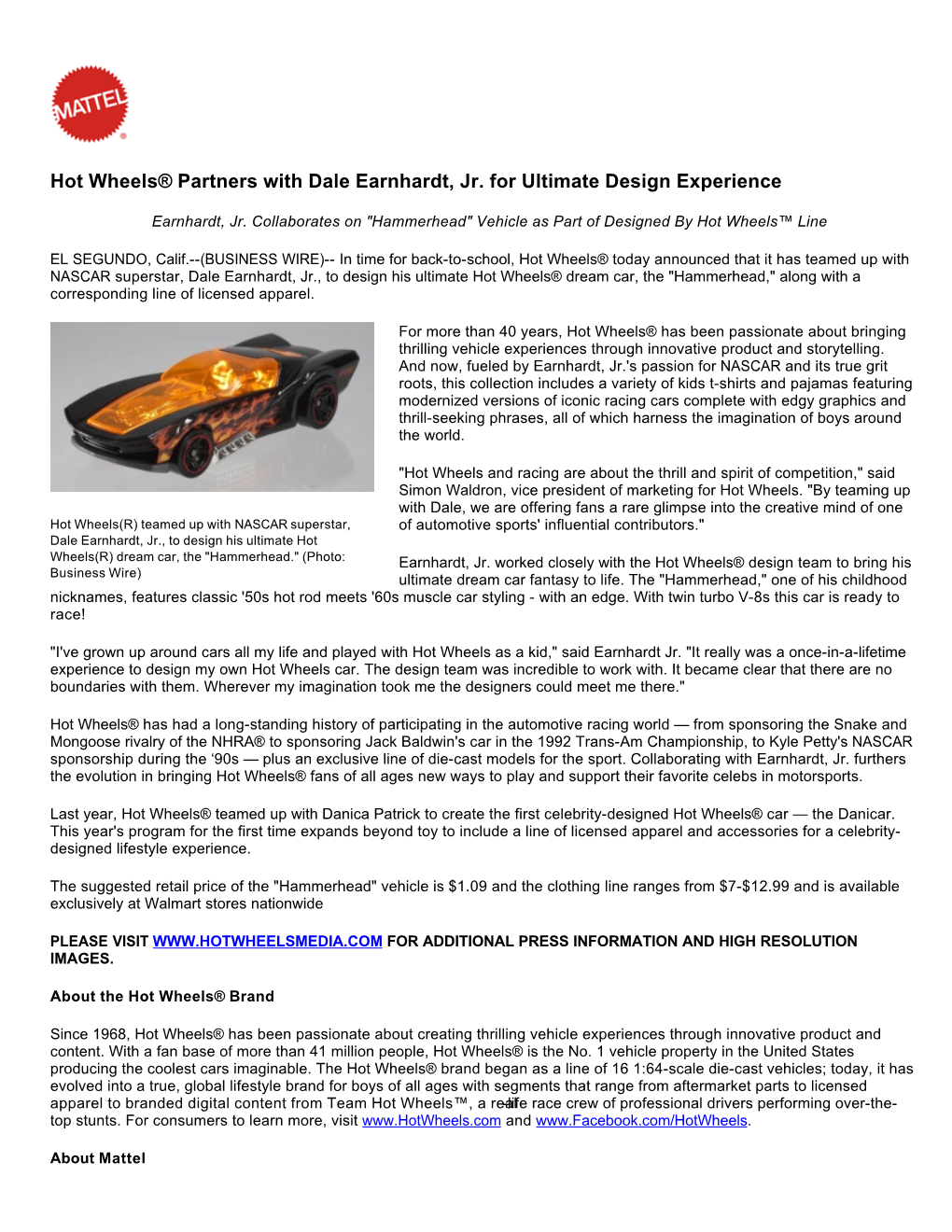 Hot Wheels® Partners with Dale Earnhardt, Jr. for Ultimate Design Experience