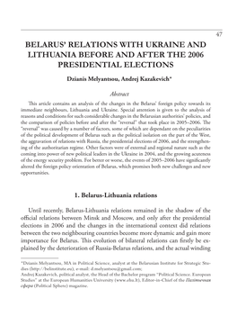 Belarus' Relations with Ukraine and Lithuania Before and After the 2006