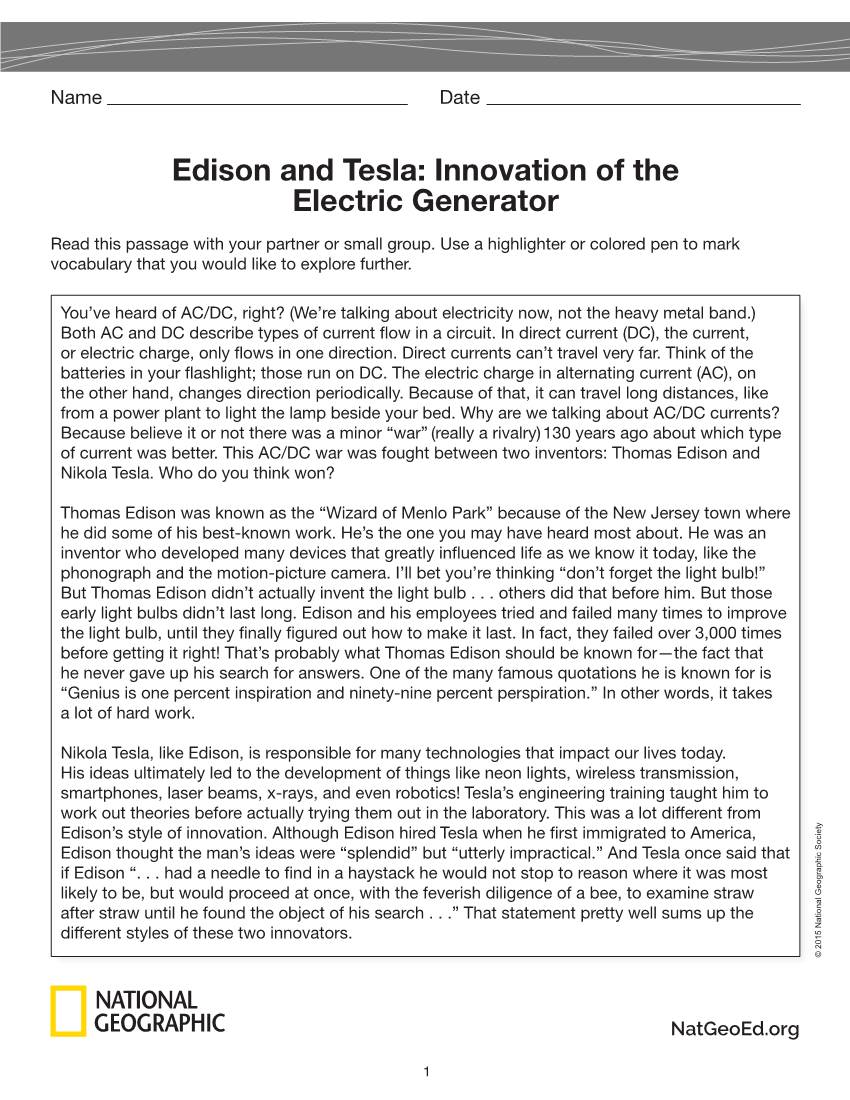 Edison and Tesla: Innovation of the Electric Generator Read This Passage with Your Partner Or Small Group