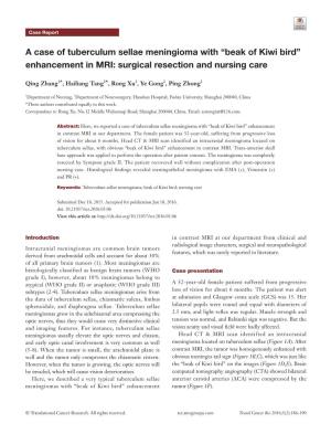 A Case of Tuberculum Sellae Meningioma with “Beak of Kiwi Bird” Enhancement in MRI: Surgical Resection and Nursing Care