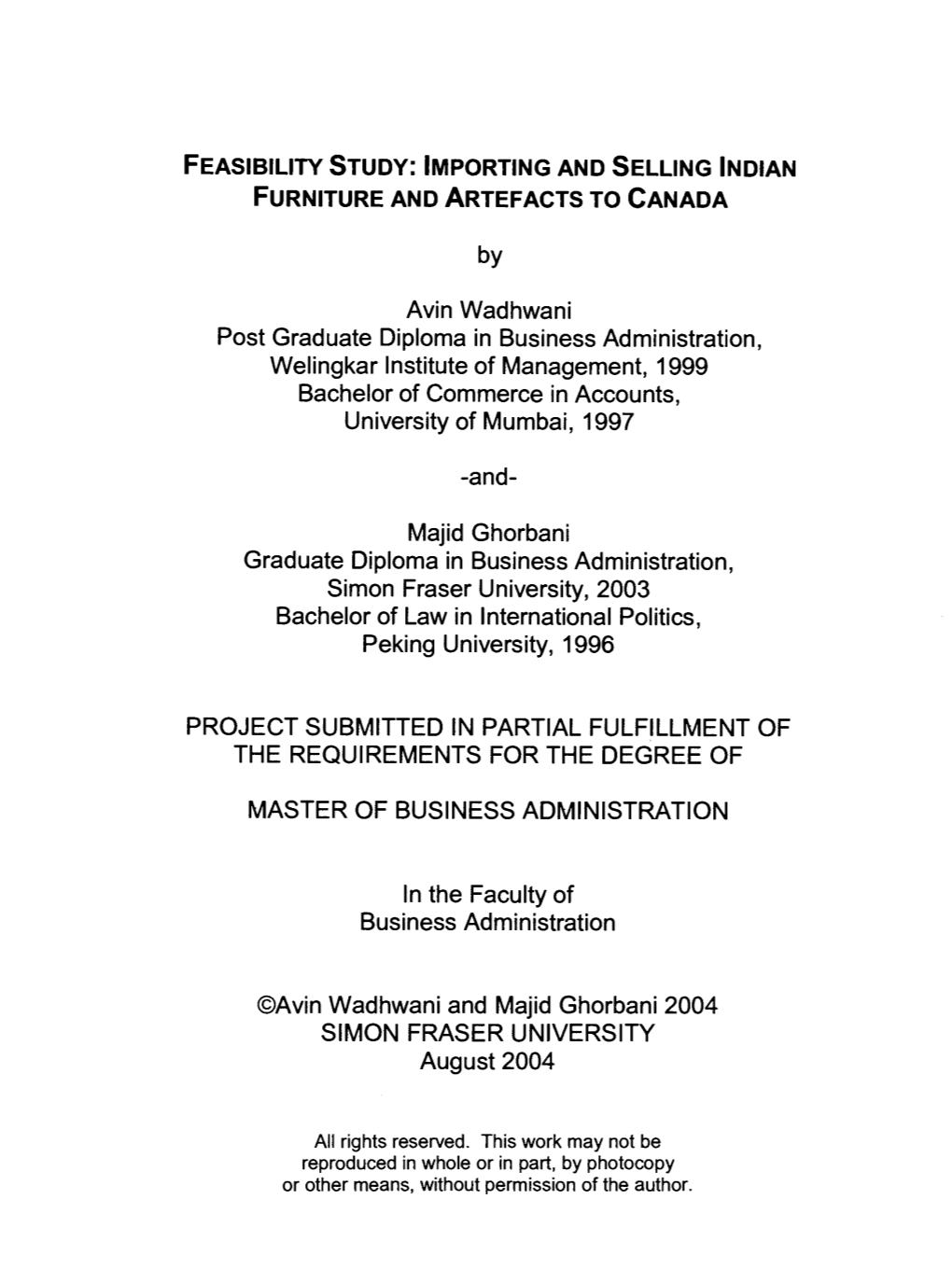 Feasibility Study : Importing and Selling Indian Furniture and Artefacts