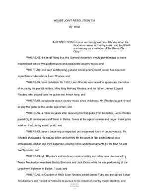 HOUSE JOINT RESOLUTION 931 by West a RESOLUTION to Honor and Recognize Leon Rhodes Upon His Illustrious Career in Country Musi