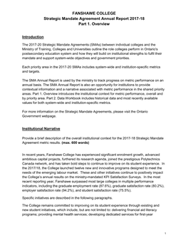 FANSHAWE COLLEGE Strategic Mandate Agreement Annual Report 2017-18 Part 1