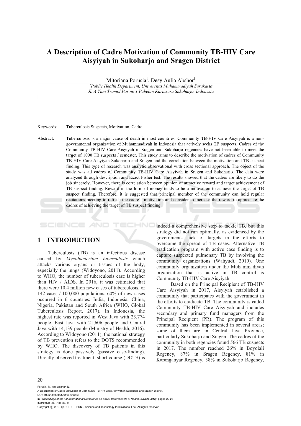 A Description of Cadre Motivation of Community TB-HIV Care Aisyiyah in Sukoharjo and Sragen District