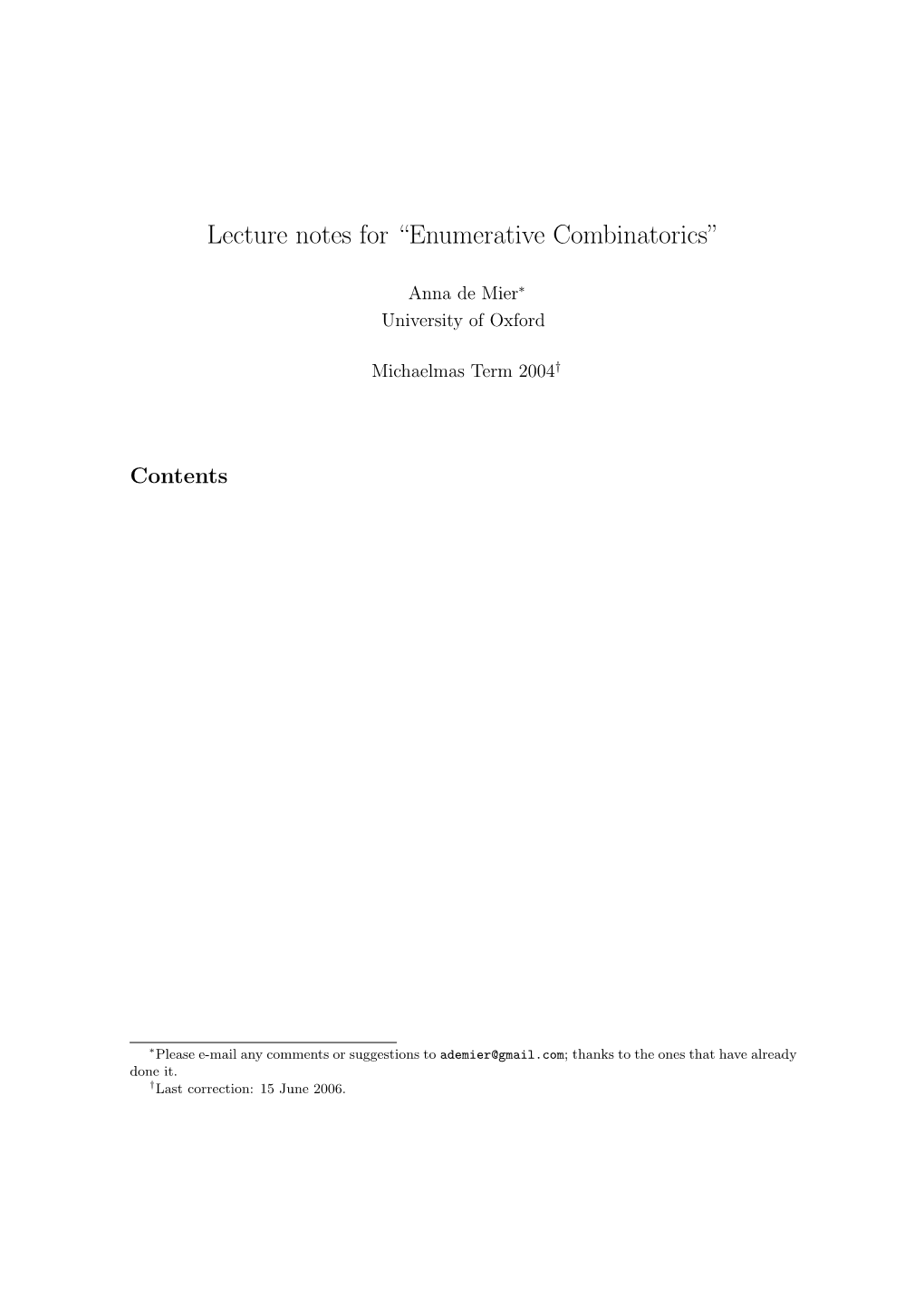 Lecture Notes for “Enumerative Combinatorics”