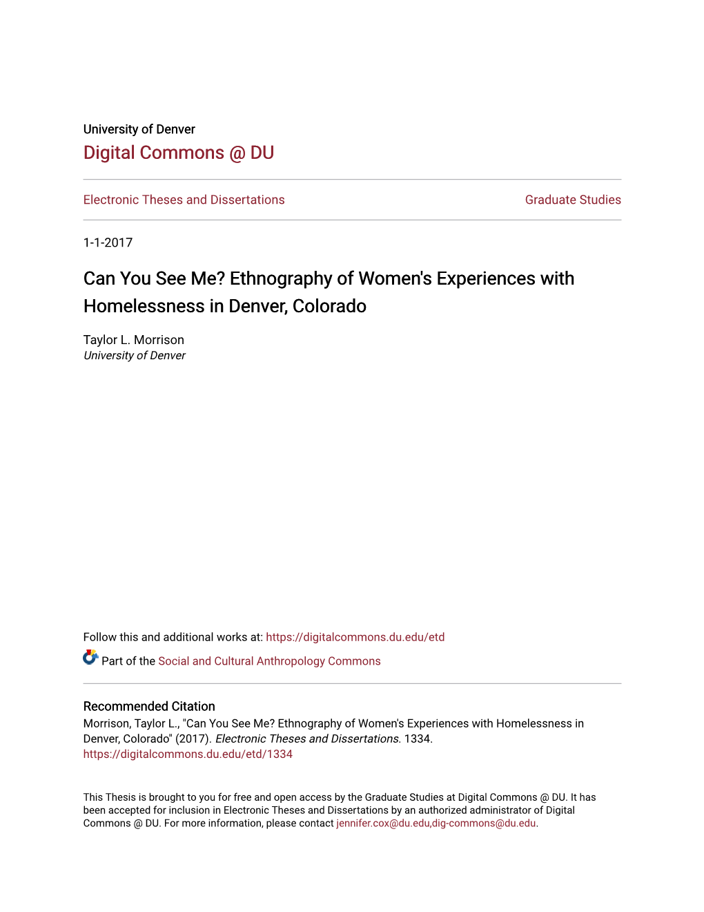 Ethnography of Women's Experiences with Homelessness in Denver, Colorado