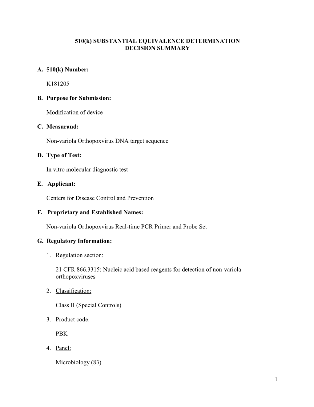 Substantial Equivalence Determination Decision Summary