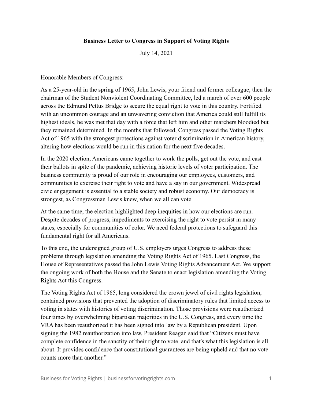 Business Letter to Congress in Support of Voting Rights July 14, 2021