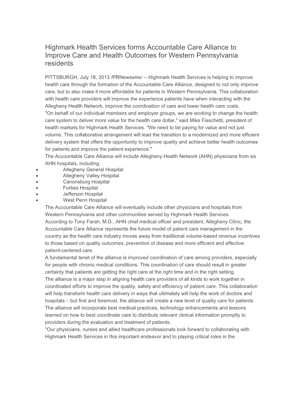 Highmark Health Services Forms Accountable Care Alliance to Improve Care and Health Outcomes