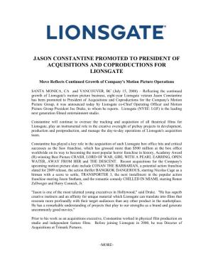 Jason Constantine Promoted to President of Acquisitions and Coproductions for Lionsgate