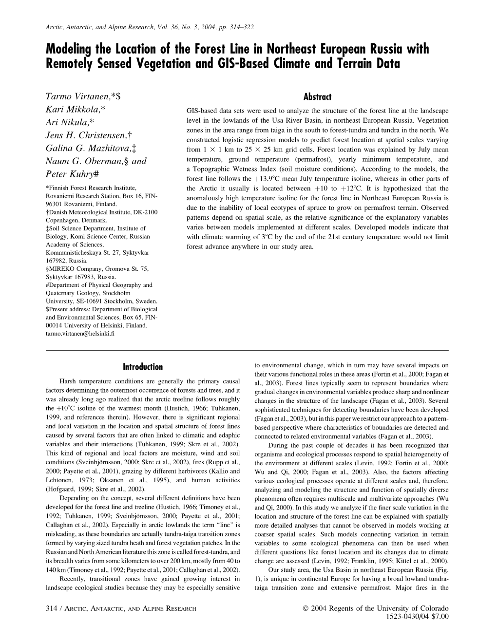 Modeling the Location of the Forest Line in Northeast European Russia with Remotely Sensed Vegetation and GIS-Based Climate and Terrain Data