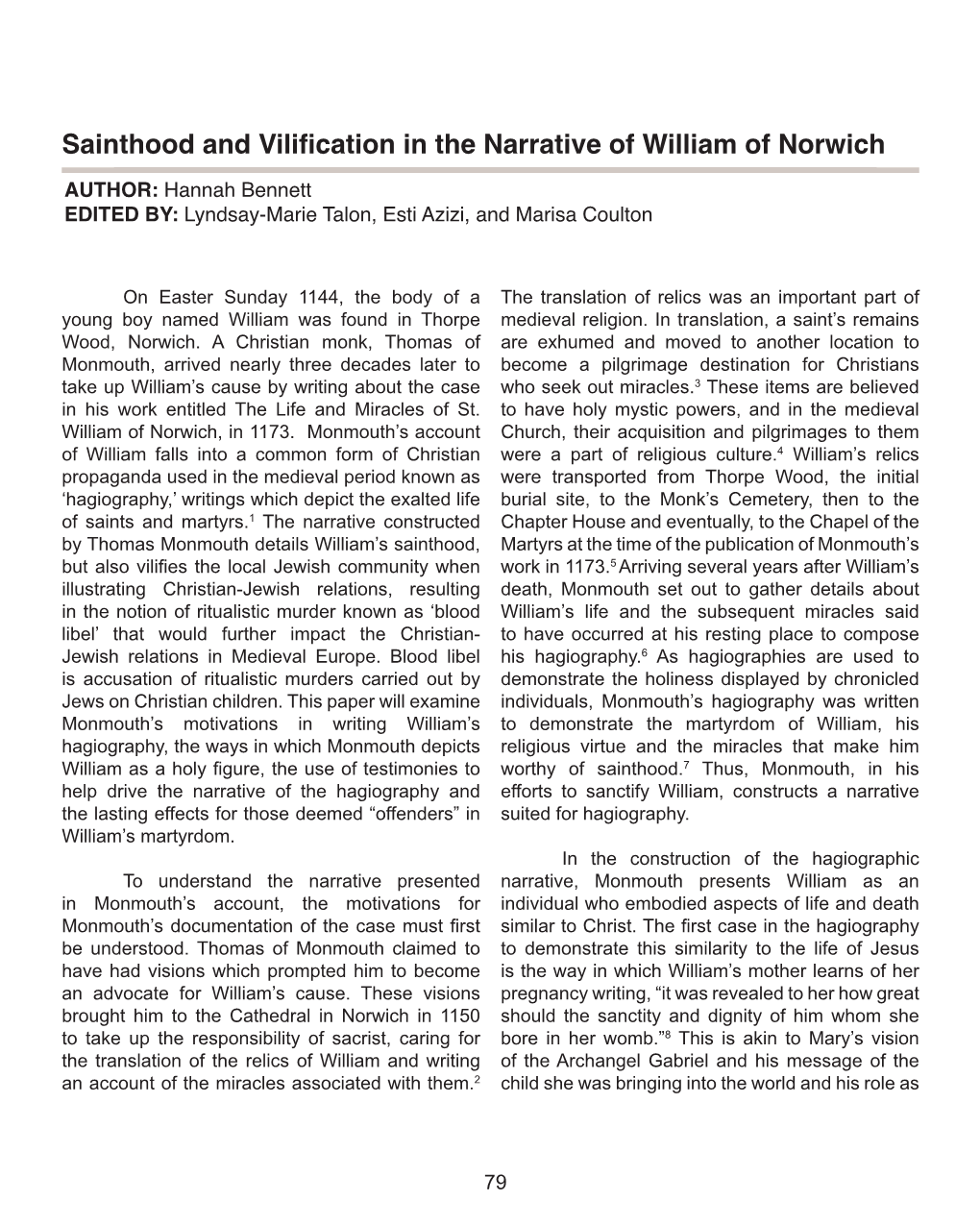 Sainthood and Vilification in the Narrative of William of Norwich